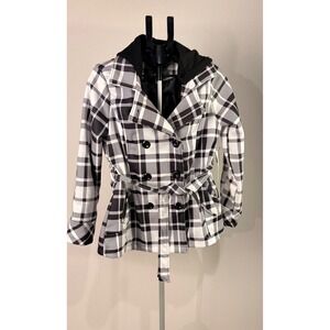Maralyn & Me Womens Plaid Tie Belt Double Breasted Hooded Jacket Black White